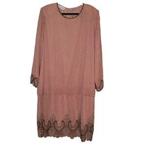 Laurence Kazar  Vintage Peach Pink Beaded Sequin Silk Plus Size Dress 3X